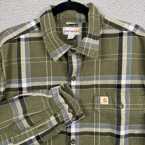 Carhartt Shirt Mens L Green Hubbard Plaid Flannel Shirt Work Utility Button Up